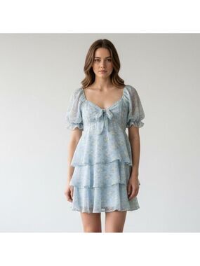 ALTAR’D STATE “Ruby” Baby Blue Floral Tiered Ruffle Puff Sleeve Mini Dress Sz S